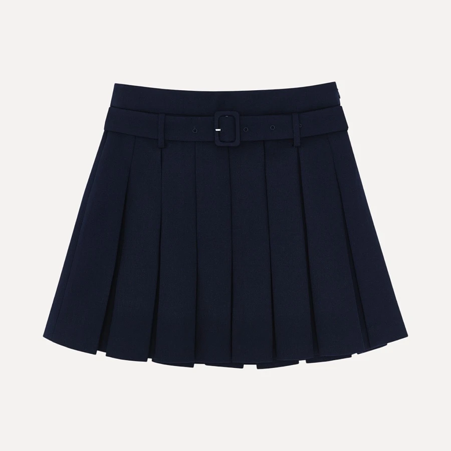 Belt-embellished pleated skirt (navy)