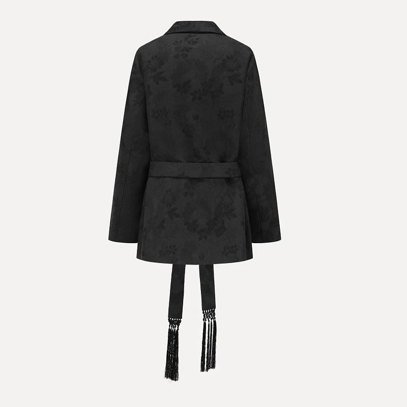 Dark pattern jacquard fringed tie coat
