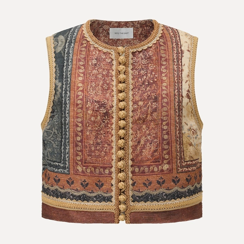 Tasar Silk Buckle Buttoned Printed Waistcoat