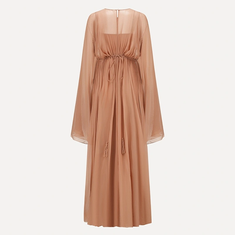 Coral Pink Gathered Long Sleeve Dress