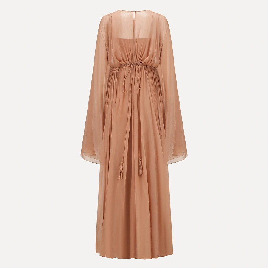 Coral Pink Gathered Long Sleeve Dress