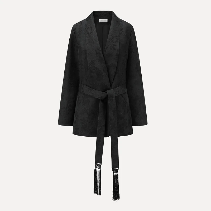 Dark pattern jacquard fringed tie coat