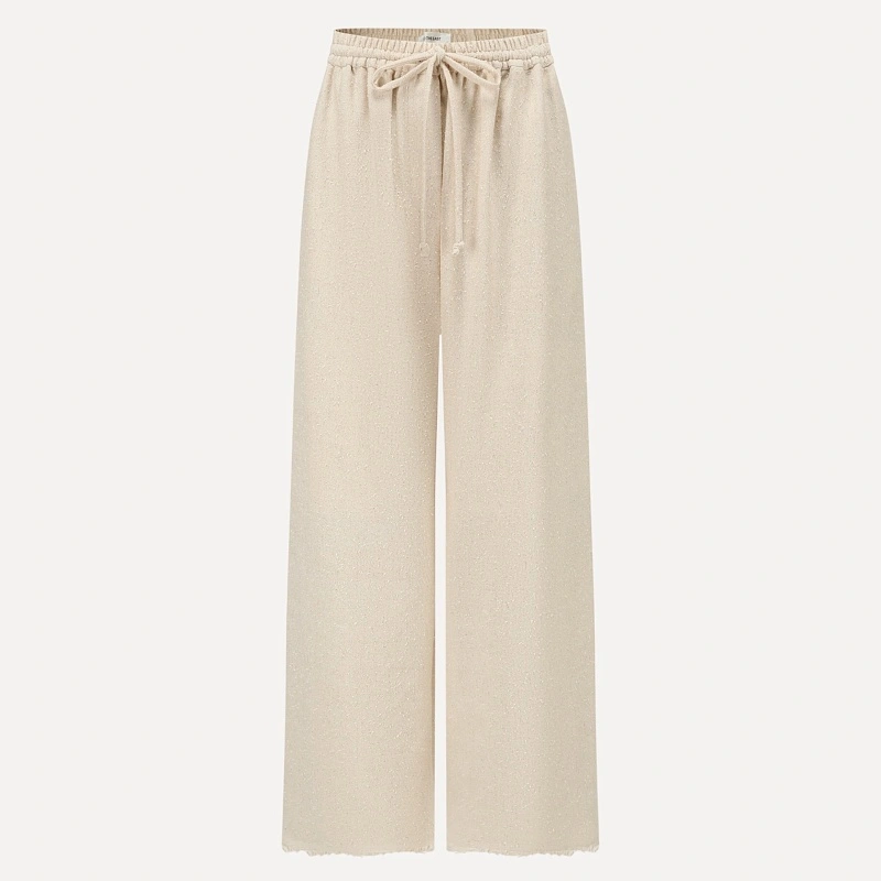 Ivory textured wool fringed straight pants