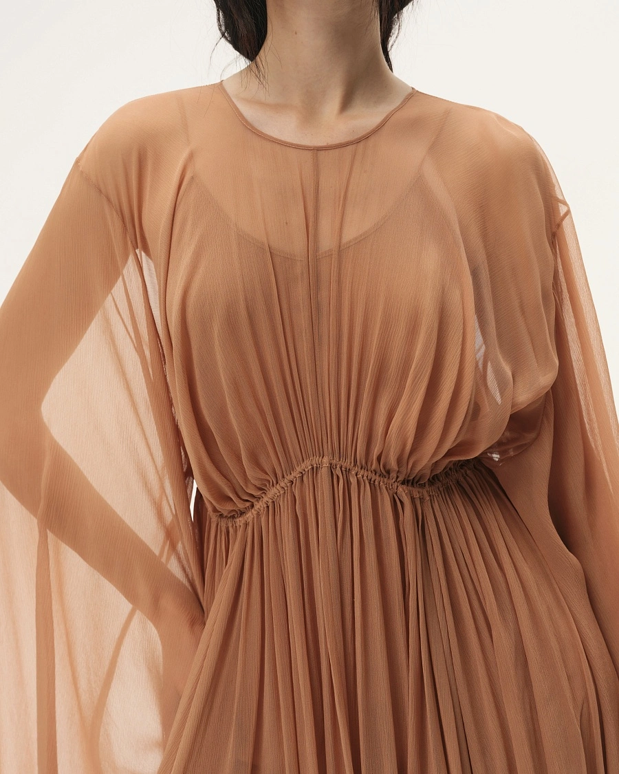 Coral Pink Gathered Long Sleeve Dress