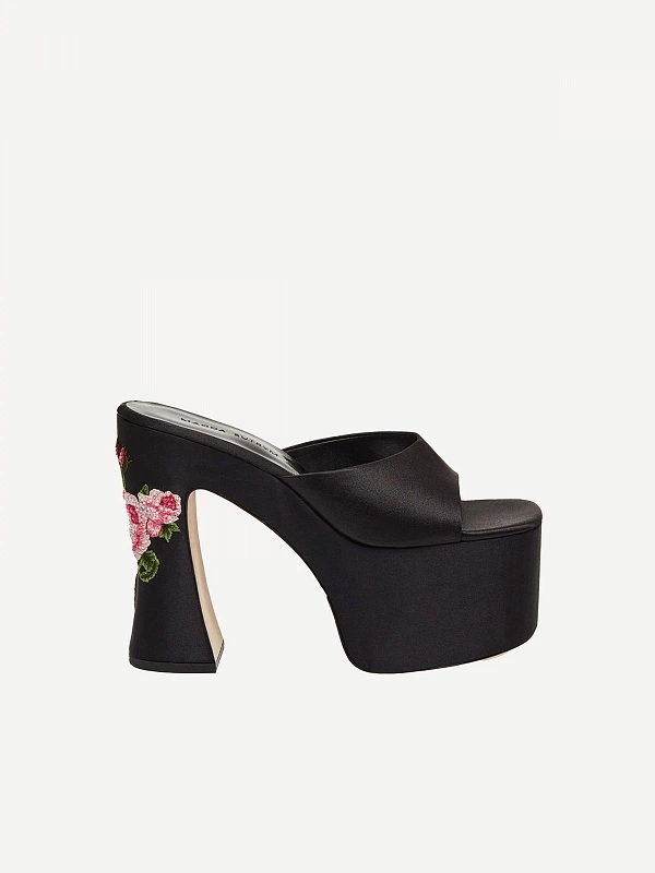 PLATFORM MULE BLACK SATIN EMBROIDERED