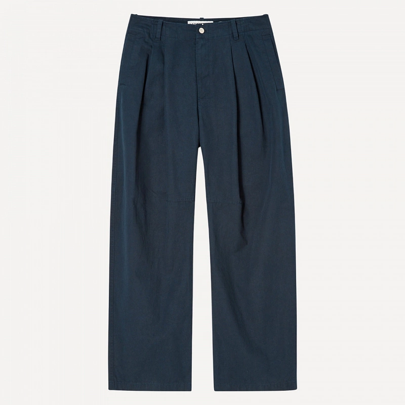 CURVED TWO TUCK COTTON PANTS NAVY