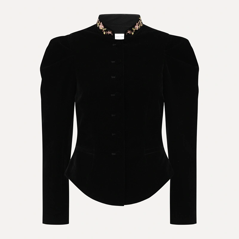 Black velvet embroidered flower lapel coat