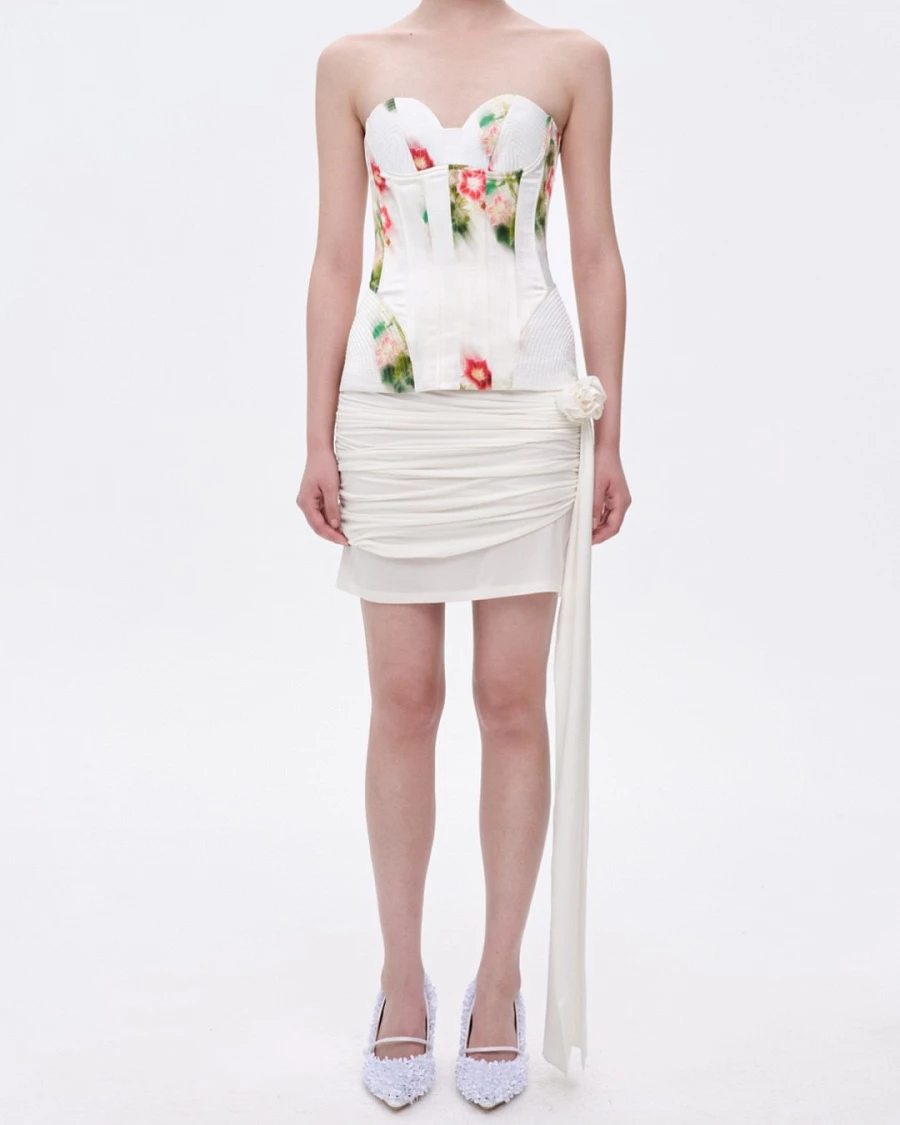 White Twisted Jersey Mini Skirt with Rose Ribbon