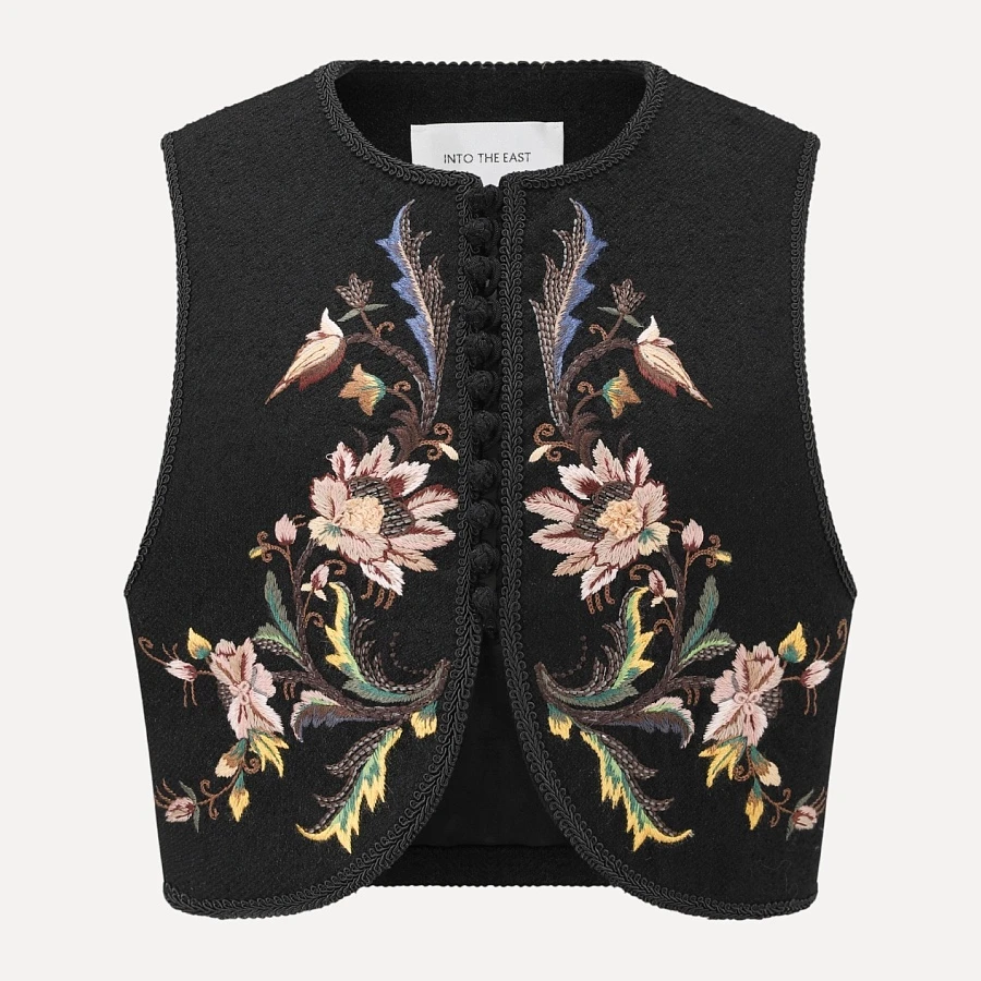 Floral pattern embroidered button vest