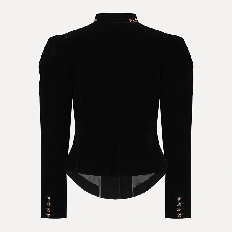 Black velvet embroidered flower lapel coat