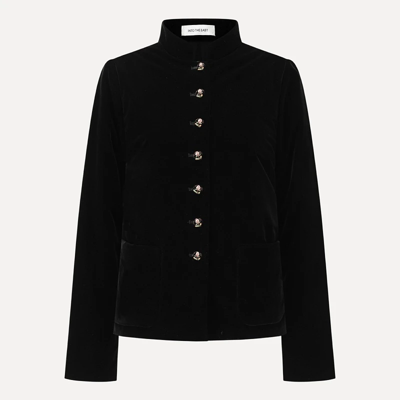 Black velvet embroidered flower button stand collar cotton jacket