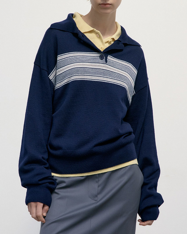 MULTI STRIPE PIQUE KNIT TOP NAVY