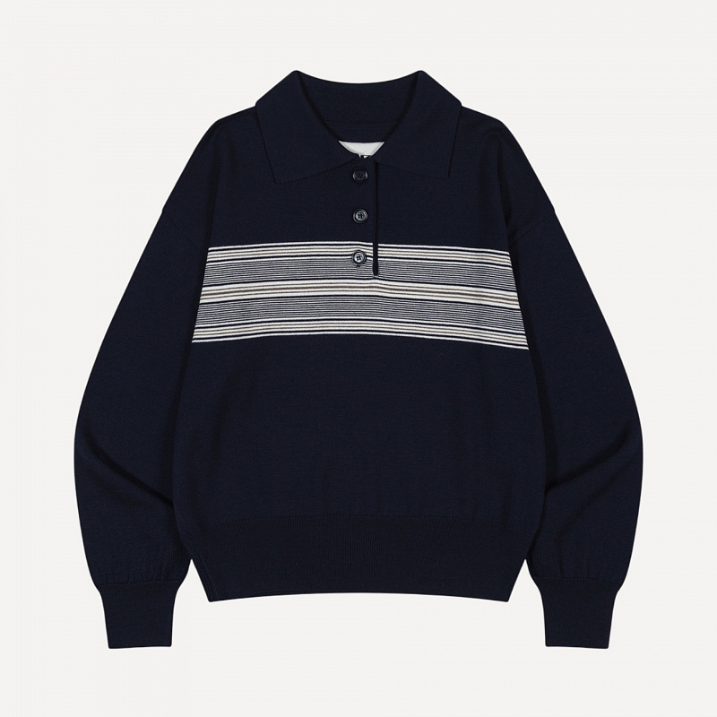 MULTI STRIPE PIQUE KNIT TOP NAVY