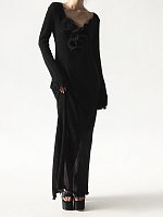 Shirred flower decollete midi dress in black
