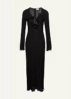 Shirred flower decollete midi dress in black