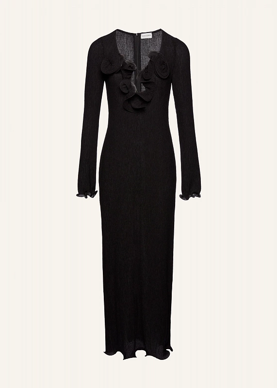 Shirred flower decollete midi dress in black