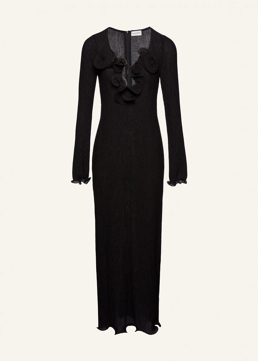 Shirred flower decollete midi dress in black