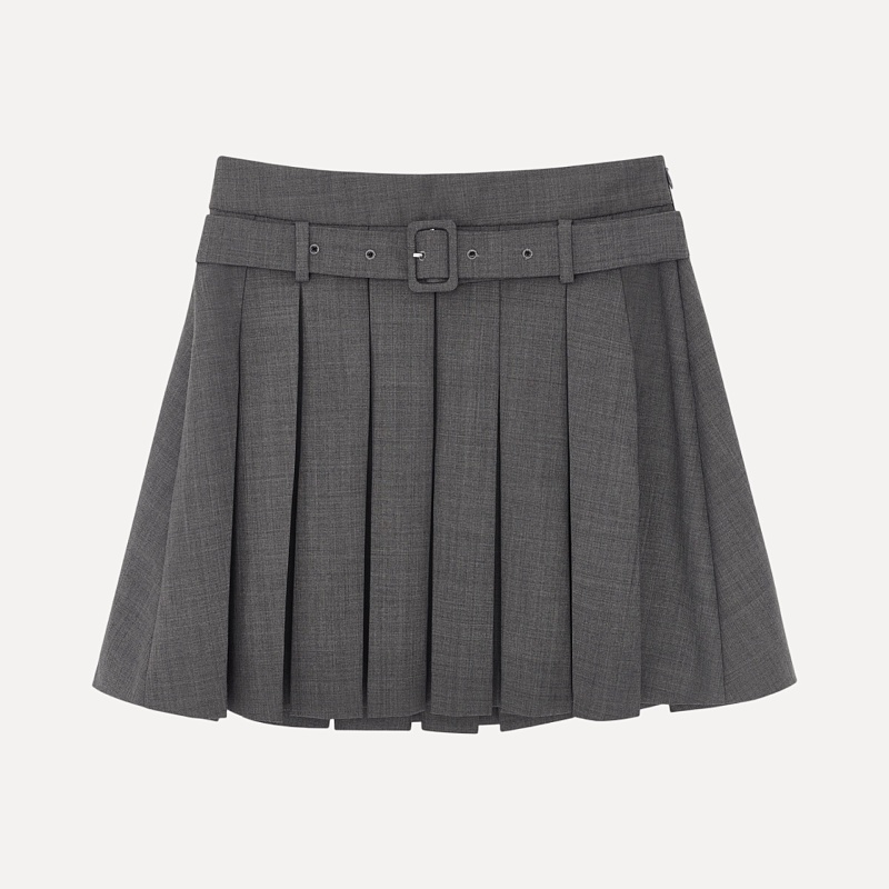Belt-embellished pleated skirt (grey)