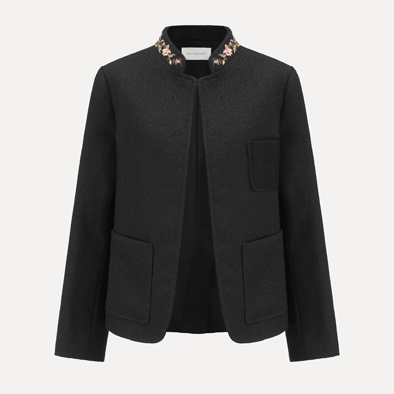 Floral pattern embroidered stand collar coat