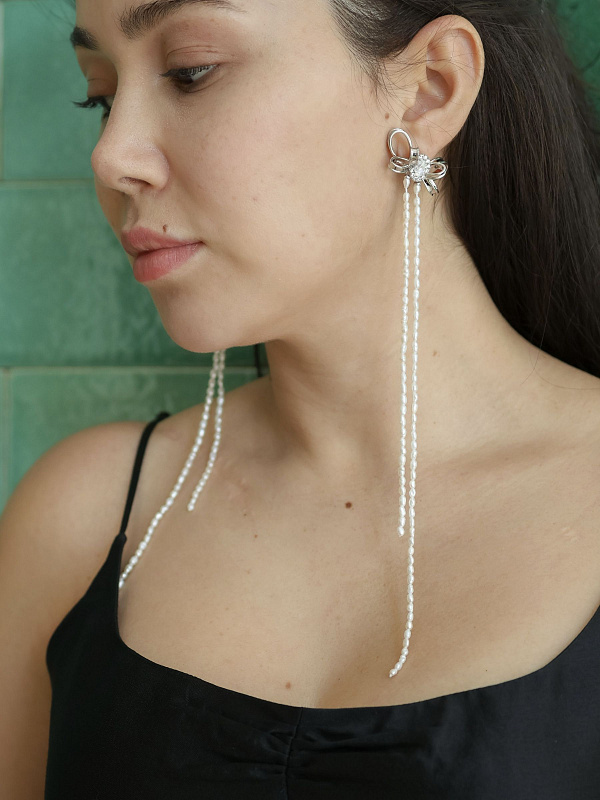 Curly Bow Long Tassel Stud Earrings