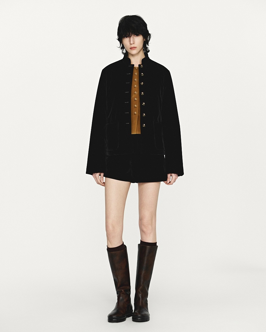 Black velvet embroidered flower button stand collar cotton jacket