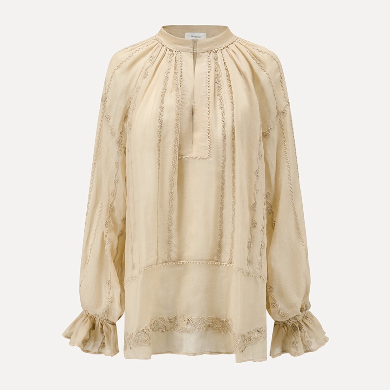 Khaki Ramie Ribbon Bubble Sleeve Top