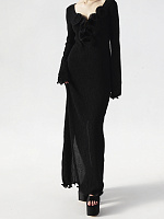 Shirred flower decollete midi dress in black