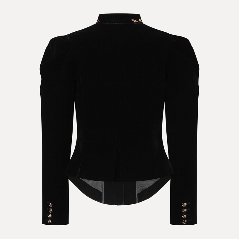 Black velvet embroidered flower lapel coat