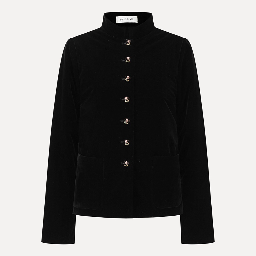 Black velvet embroidered flower button stand collar cotton jacket
